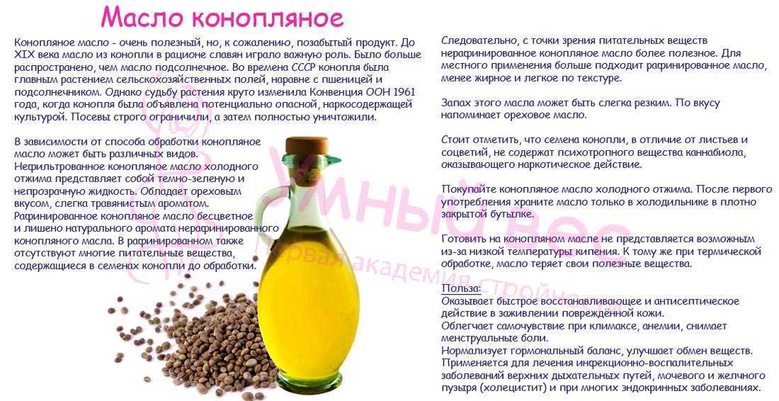 Конопляное масло - 5 видов применения и польза для здоровья